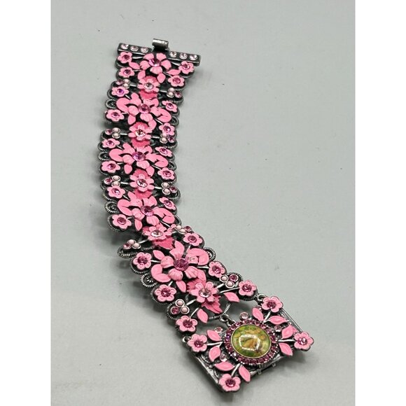 MX Signature Enamel Flowers Bracelet Pink Vintage Designer Signed 80s Jewelry - Picture 4 of 8